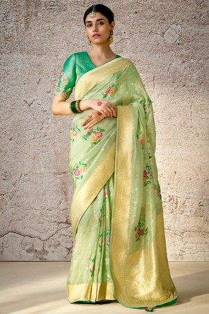 Mint green banarasi silk embroidered wedding saree with blouse 296