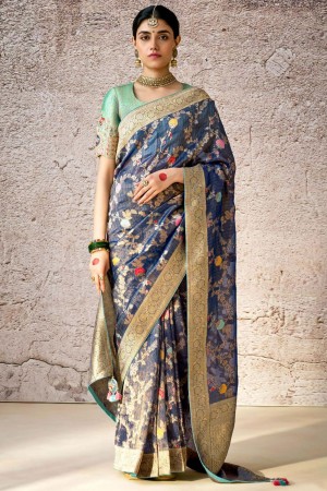 Navy blue banarasi silk embroidered wedding saree with blouse 288