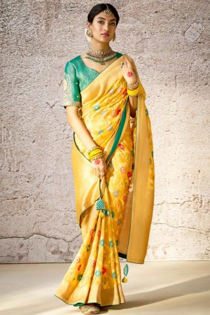 Yellow banarasi silk embroidered wedding saree with blouse 298