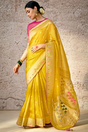 Yellow banarasi silk embroidered wedding saree with blouse 294
