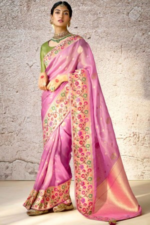 Lilac pink banarasi silk embroidered wedding saree with blouse 291