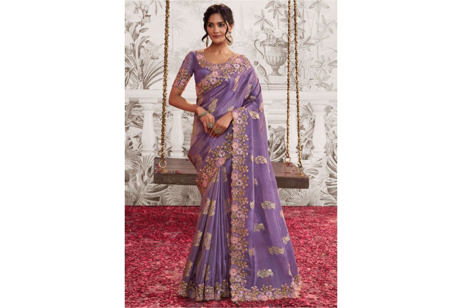 Purple Crepe Silk Embroidered Designer Saree