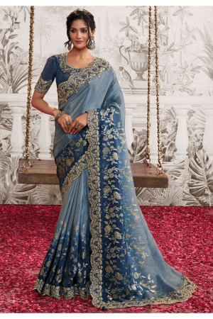 Shaded blue viscous art silk embroidered wedding saree with blouse 8208