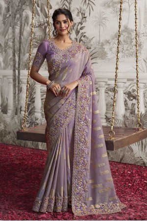 Lavender viscous art silk embroidered wedding saree with blouse 8211