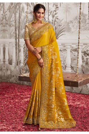 Mustard viscous art silk embroidered wedding saree with blouse 8202