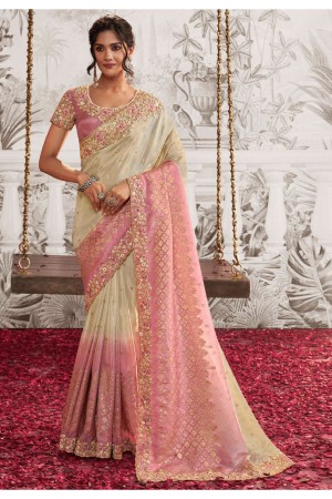 Offwhite and pink shade viscous art silk embroidered wedding saree with blouse 8212