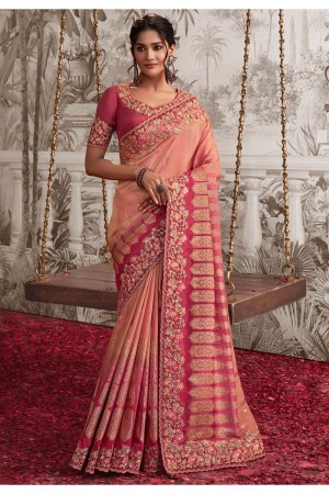Peach viscous art silk embroidered wedding saree with blouse 8207