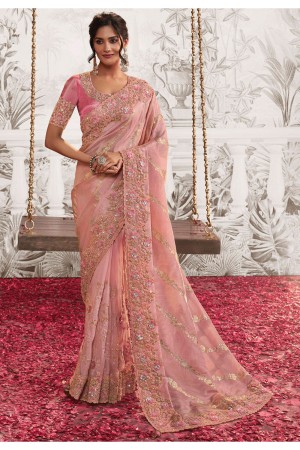 Pink viscous art silk embroidered wedding saree with blouse 8206