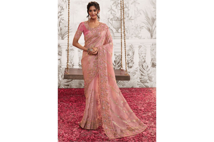 Pink embroidered saree with fine detailing main image 1
