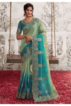 Pastel green shaded viscous art silk embroidered wedding saree with blouse 8203