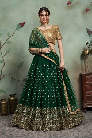 Dark green net sequins wedding lehenga