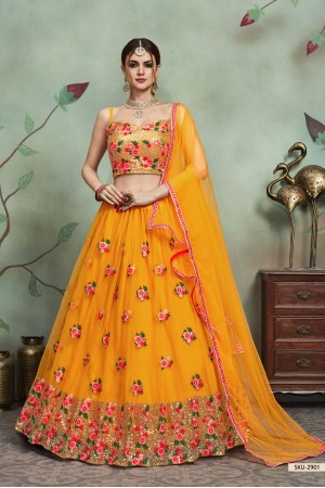 Mustuard color net sequins wedding lehenga