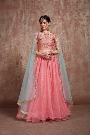 Pink color net sequins work wedding lehenga