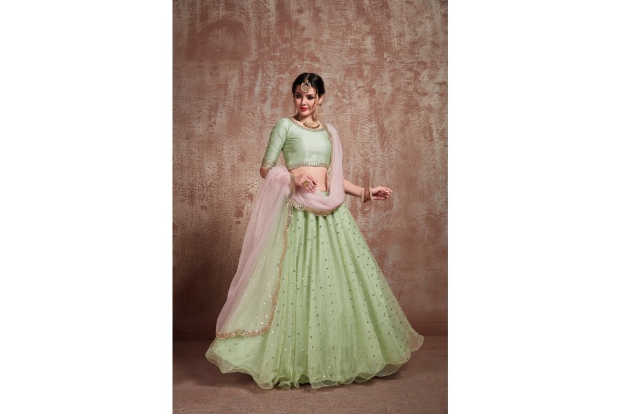 Pista Green Sequins Embroidered Bridal Lehenga Choli in Satin