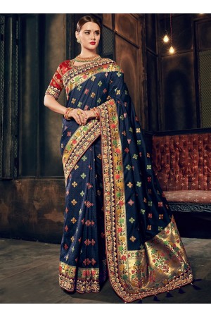 Navy blue Banarasi pure silk wedding wear saree