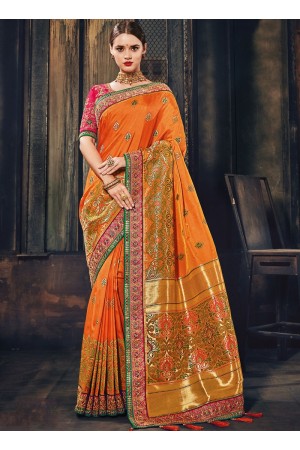 Orange and pink Banarasi pure silk wedding wear saree