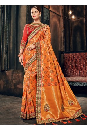 Orange and red Banarasi  pure silk wedding wear saree