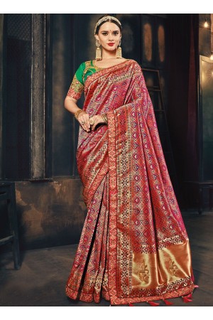 Pink and green Banarasi pure silk wedding wear saree