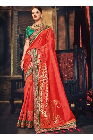 Orange and green Banarasi pure silk wedding wear saree