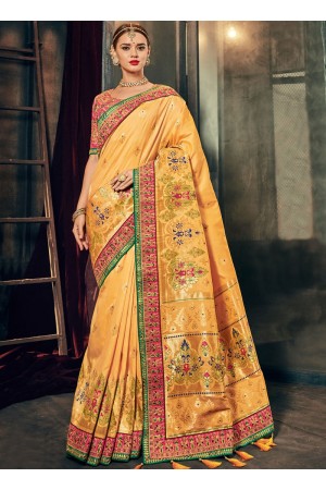 Yellow and pink Banarasi pure silk wedding wear saree