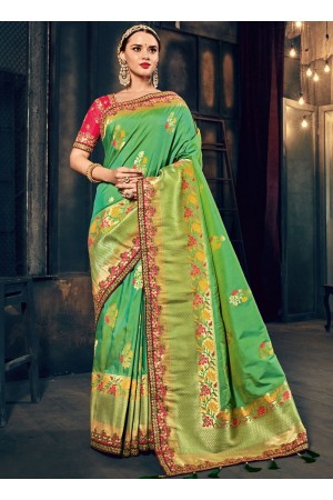 Green and pink Banarasi pure silk wedding wear saree