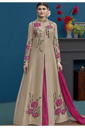 Beige Silk Flower Embroidery Lehenga Style Suit 10123