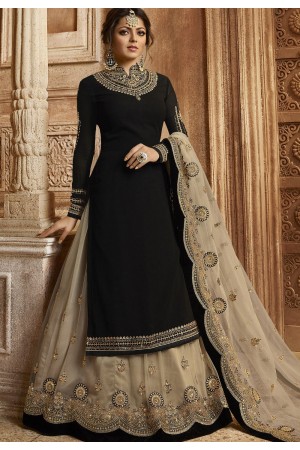 Black Satin Georgette Lehenga and Churidar Designer Suit 3007