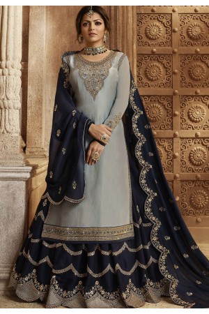 Grey and Blue Satin Georgette Lehenga and Churidar Designer Suit 3009