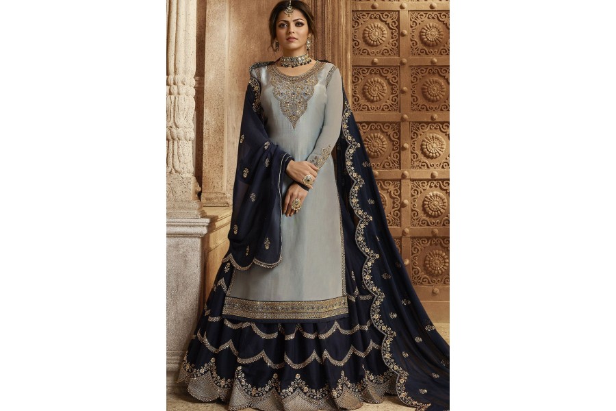 Grey Satin Georgette Lehenga Salwar Suits