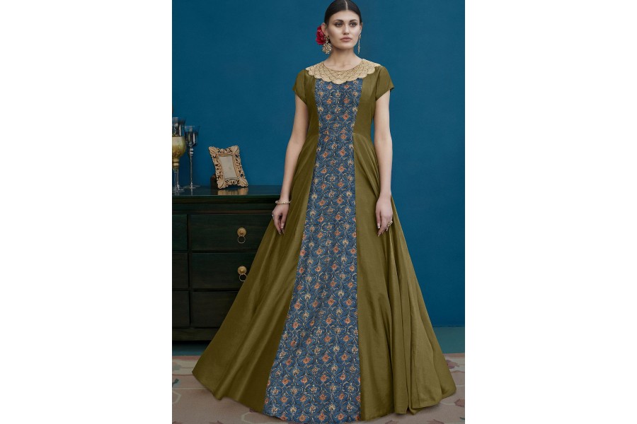 Olive Anarkali style Anarkali Semi-Stitched Suit