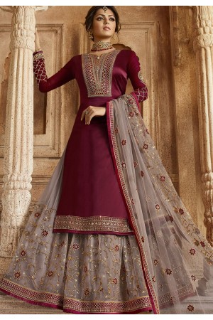 Wine and Grey Satin Georgette Lehenga and Churidar Designer Suit 3003