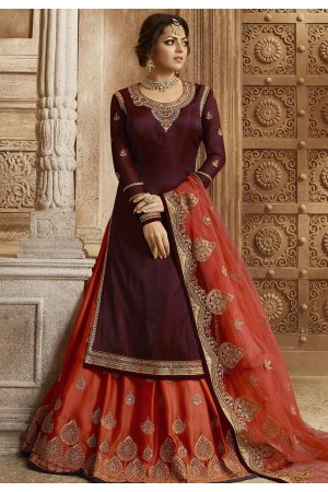 Wine and Orange Satin Georgette Lehenga and Churidar Designer Suit 3008