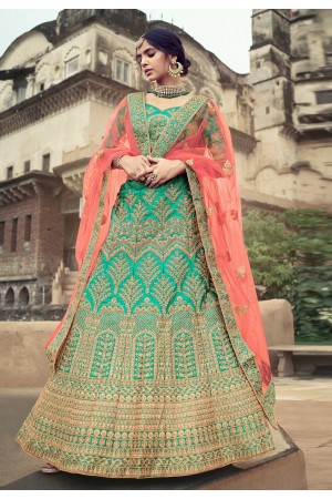 Green satin a line lehenga choli 4501