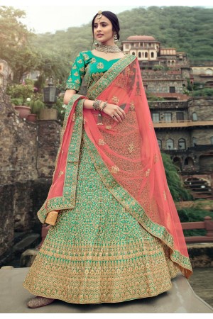 Green satin a line lehenga choli 4503