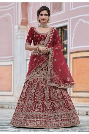 Maroon velvet embroidered bridal lehenga choli 8115