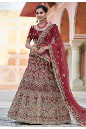 Maroon velvet embroidered bridal lehenga choli 8117