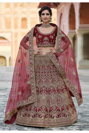 Maroon velvet embroidered bridal lehenga choli 8119