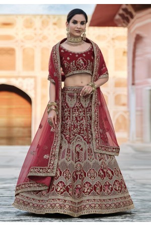 Maroon velvet embroidered bridal lehenga choli 8121