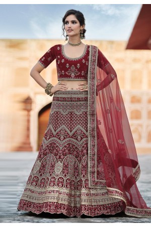 Maroon velvet embroidered bridal lehenga choli 8123