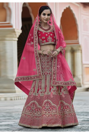 Pink velvet embroidered bridal lehenga choli 8110