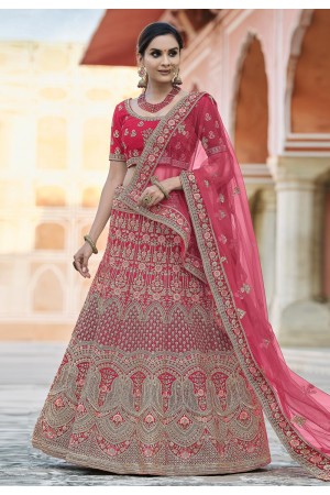 Pink velvet embroidered bridal lehenga choli 8118