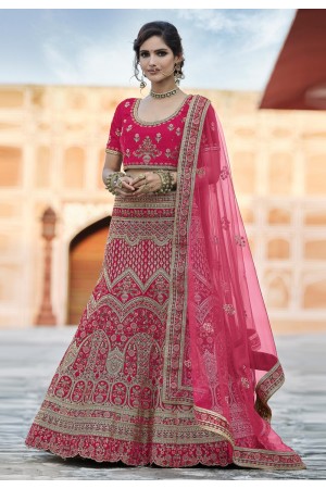 Pink velvet embroidered bridal lehenga choli 8124