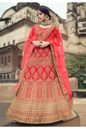 Red satin a line lehenga choli 4506