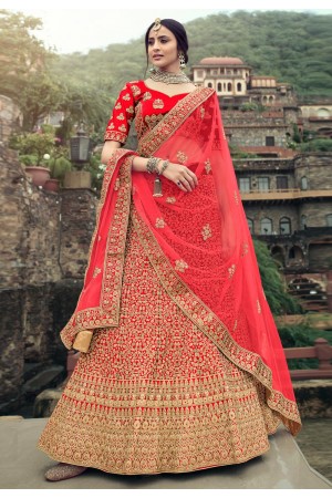 Red satin a line lehenga choli 4513