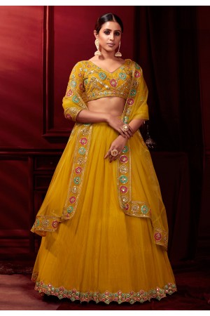 Yellow net circular lehenga choli 104a