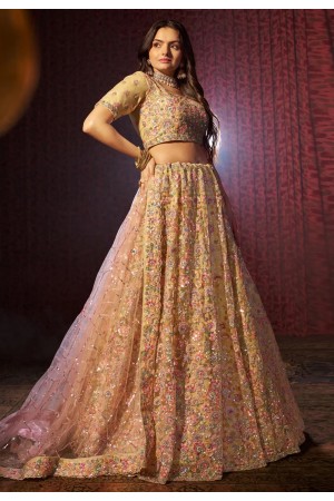 Peach net lehenga choli for wedding 96003