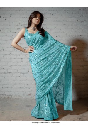 Bollywood Model Firozi color georgette sequins saree