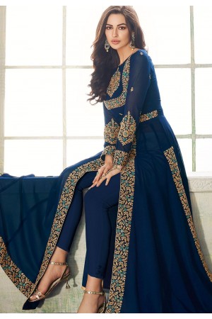 blue georgette embroidered trouser style suit 8206