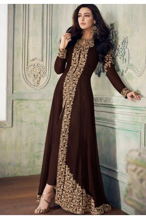 brown georgette heavy embroidered front slit trouser style suit 8207