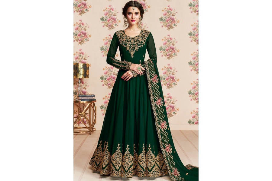 Coral Peach Slit Style Embroidered Georgette Skirt Anarkali Suit main image 1